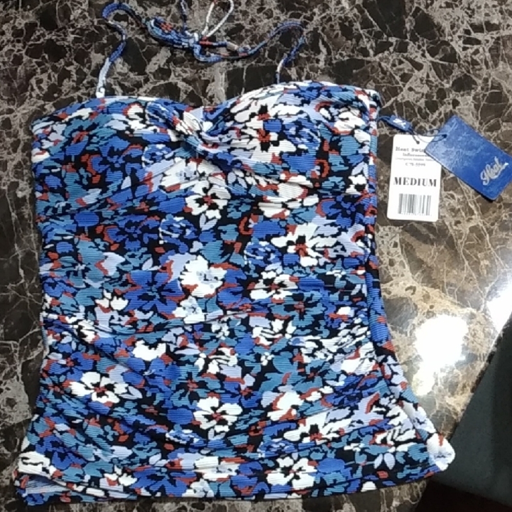 Blue Floral Ruched Tankini Swim Top SIZE Medium